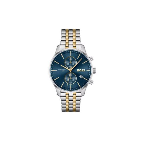 Reloj Hugo Boss Associate 1513976 en acero y dorado con esfera azul, visto de frente