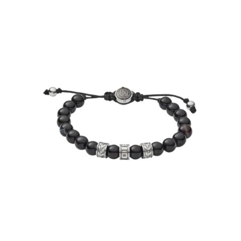 Pulsera Diesel DX1101040 en acero: cuentas de ónix negro con separadores de acero grabados y cordón corredizo con medallón Diesel, visto de frente