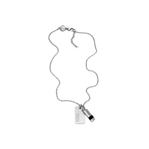Collar Diesel DX1156040 en acero: cadena fina de acero con dos colgantes: una placa grabada DIESEL y un cilindro con esmalte negro, visto de frente