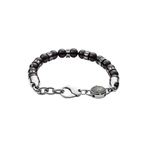 Pulsera Diesel DX1163040 en acero: cuentas de ónix negro alternadas con eslabones de acero y medallón Diesel en el cierre, visto de frente