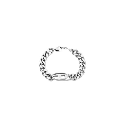 Pulsera Diesel DX1432040 en acero: cadena barbada gruesa de acero con el logo oval D al centro, visto de frente