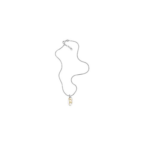 Collar Diesel DX1421931 en acero: cadena fina de acero con un colgante oval en dorado con el logo D calado, visto de frente