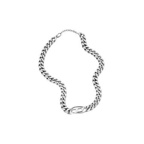Collar Diesel DX1433040 en acero: cadena barbada gruesa de acero con el logo oval D al centro, todo en acero pulido, visto de frente