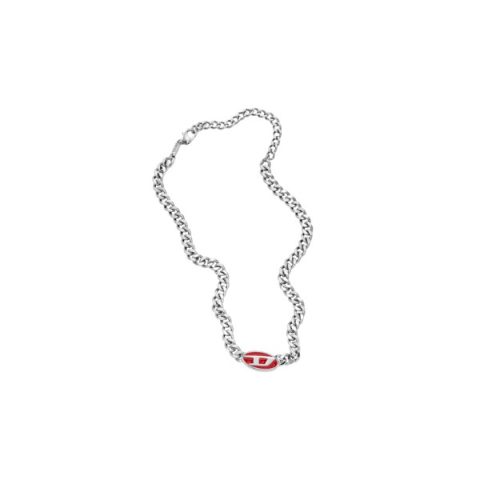 Collar Diesel DX1446040 en acero: cadena barbada de acero con el logo oval D en esmalte rojo al centro, visto de frente