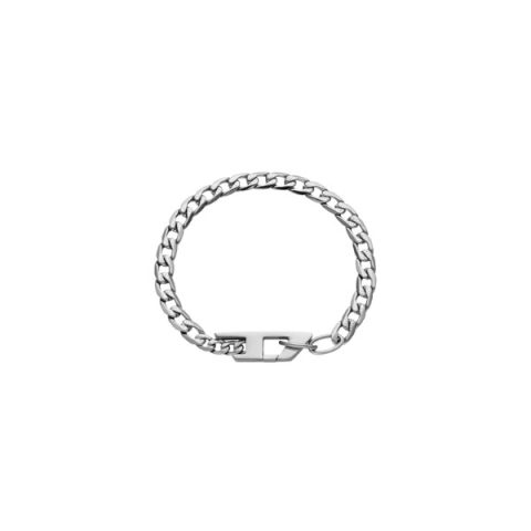 Pulsera Diesel DX1496040 en acero: cadena barbada de acero con un cierre de gancho grabado con el logo D, visto de frente