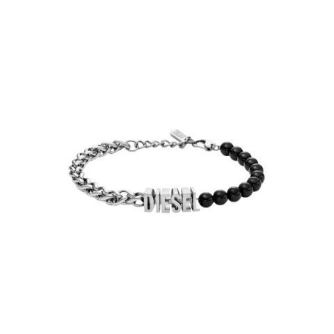 Pulsera Diesel DX1541040 en acero: mitad cadena de acero y mitad cuentas de ónix negro, con el logotipo DIESEL en relieve al centro, visto de frente