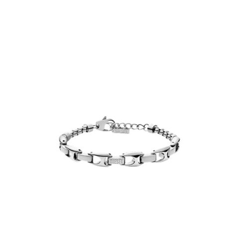 Pulsera Diesel DX1633040 en acero: eslabones rectangulares de acero alternados con cadena de bolas y placa DIESEL al centro, visto de frente