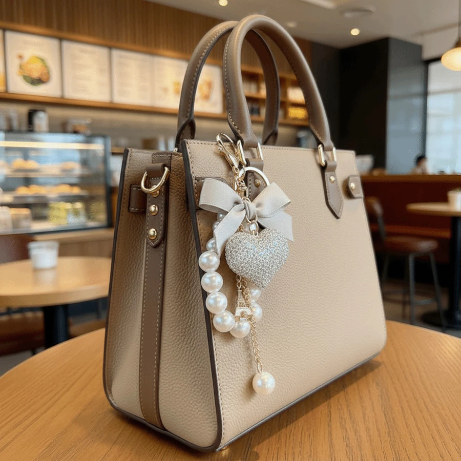 Llavero de corazón de cristales transparentes con lazo gris y perlas colgado de un bolso beige