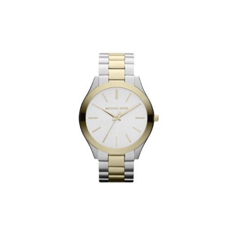 Reloj Michael Kors Slim Runway MK3198 en acero y dorado con esfera plateada, visto de frente