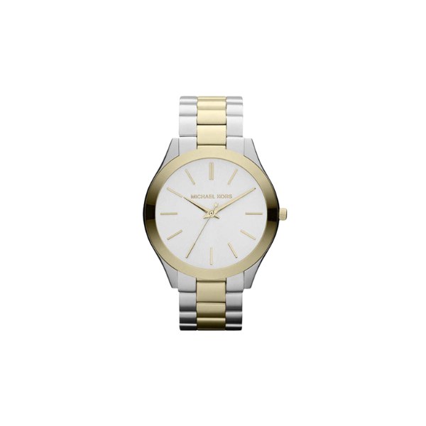 Reloj Michael Kors Slim Runway MK3198 en acero y dorado con esfera plateada, visto de frente