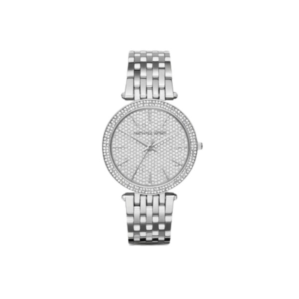 Reloj Michael Kors Darci MK3437 en acero con bisel y esfera de cristales, visto de frente