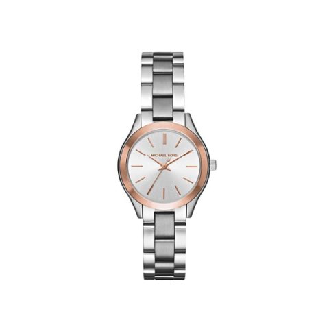 Reloj Michael Kors Mini Slim Runway MK3514 en acero con bisel oro rosado y esfera plateada, visto de frente