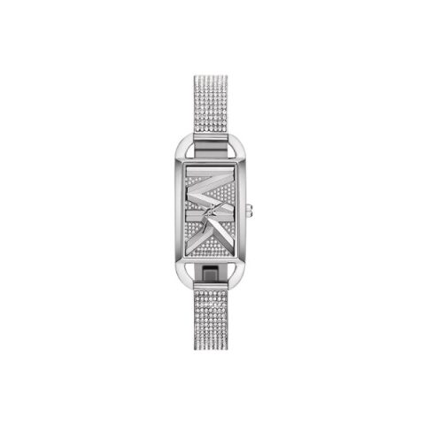 Reloj Michael Kors Mini Empire MK4841 rectangular en acero con cristales en la esfera y el brazalete, visto de frente