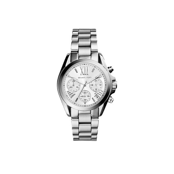Reloj Michael Kors Mini Bradshaw MK6174 en acero plateado con esfera de números romanos, visto de frente