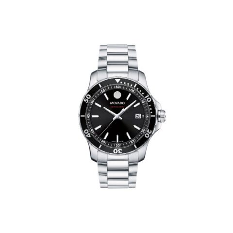 Reloj Movado Series 800 2600135 en acero con esfera negra y bisel negro, visto de frente