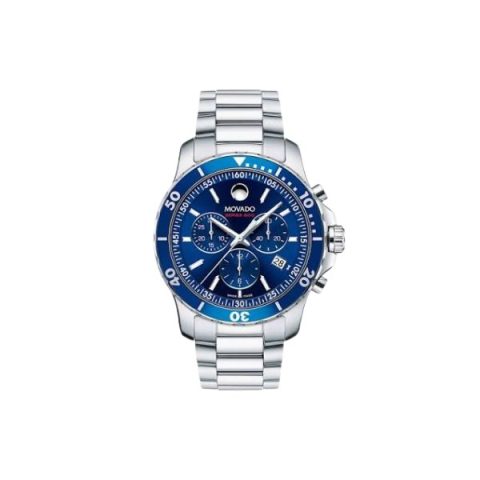 Reloj Movado Series 800 Cronógrafo 2600141 en acero con esfera y bisel azules, visto de frente