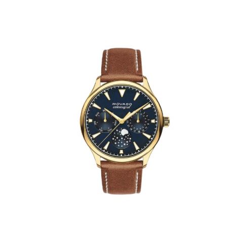 Reloj Movado Heritage Celestograf 3650010 dorado con esfera azul, fase lunar y correa de cuero marrón, visto de frente