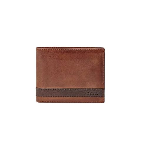 Billetera Fossil ML3644200: billetera plegable de cuero marrón con una franja oscura al pie, vista de frente