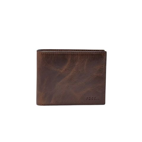 Billetera Fossil ML3681201: billetera plegable de cuero marrón envejecido con el logo grabado, vista de frente