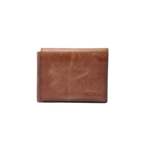 Billetera Fossil ML3700200: billetera compacta de cuero marrón con solapa y broche interior, vista de frente