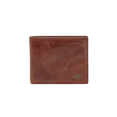 Billetera Fossil ML3729201: billetera plegable de cuero marrón con la placa Fossil en la esquina, vista de frente