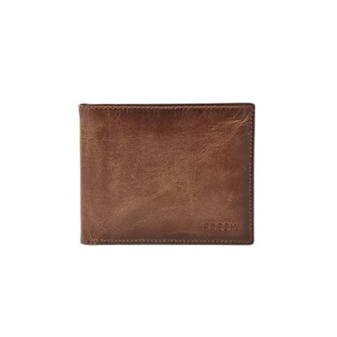 Billetera Fossil ML3771200: billetera plegable de cuero marrón claro envejecido, vista de frente