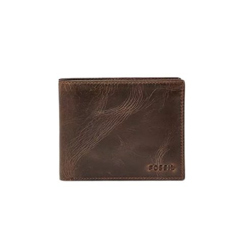Billetera Fossil ML3771201: billetera plegable de cuero marrón oscuro envejecido, vista de frente