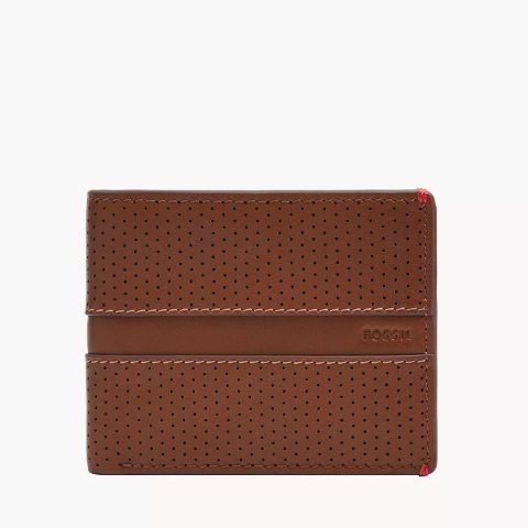 Billetera Fossil ML4657210: billetera plegable de cuero camel perforado con franja lisa y remates rojos, vista de frente
