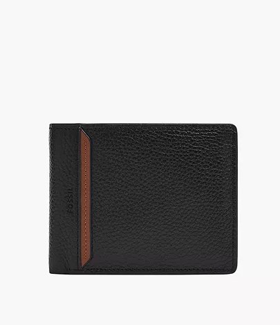 Billetera Fossil ML4673001: billetera plegable de cuero negro de grano grueso con franja vertical contrastada, vista de frente