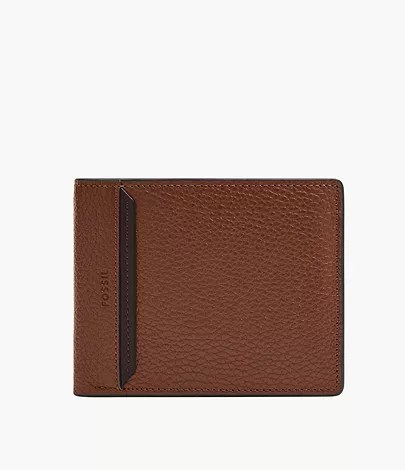 Billetera Fossil ML4673210: billetera plegable de cuero marrón de grano grueso con franja vertical contrastada, vista de frente