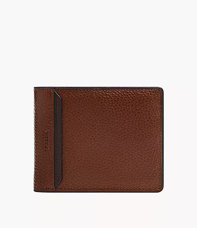 Billetera Fossil ML4674210: billetera plegable de cuero marrón de grano grueso con detalle vertical oscuro, vista de frente