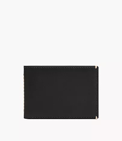 Billetera Fossil ML4684001: billetera plegable de cuero negro liso, sin logo a la vista, vista de frente