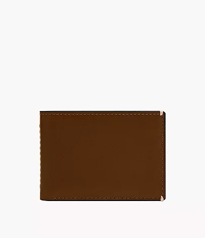 Billetera Fossil ML4684210: billetera plegable de cuero camel liso, sin logo a la vista, vista de frente