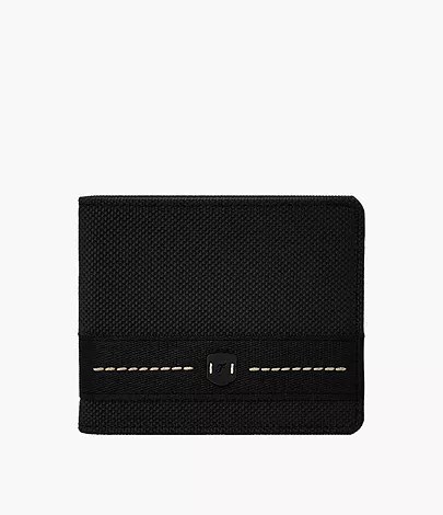 Billetera Fossil ML4691001: billetera plegable de lona negra con franja de cuero y pespunte a contraste, vista de frente