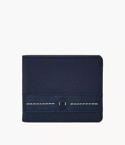 Billetera Fossil ML4691400: billetera plegable de lona azul marino con franja de cuero y pespunte a contraste, vista de frente