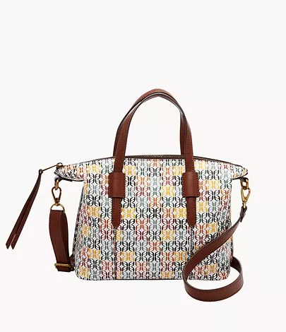 Cartera Fossil SHB2992189: bolso de mano de lona con el monograma Fossil en colores y correa larga de cuero, vista de frente