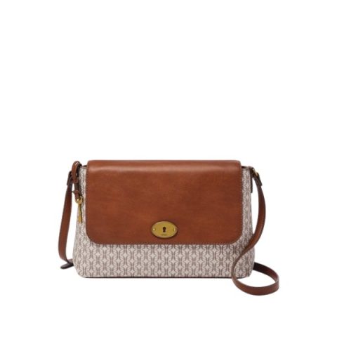 Cartera Fossil SHB3008939: bolso bandolera de lona con monograma, solapa de cuero marrón y cierre giratorio, vista de frente