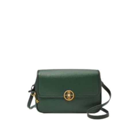Cartera Fossil SHB3011298: bolso bandolera de cuero verde botella con solapa y cierre giratorio dorado, vista de frente