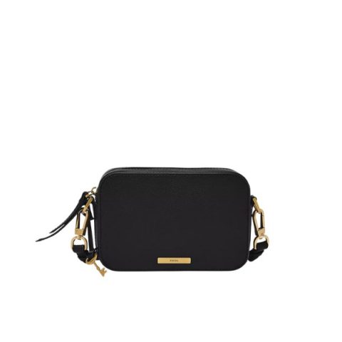 Cartera Fossil SHB3125001: bolso bandolera rectangular de cuero negro con cremallera superior y placa Fossil, vista de frente