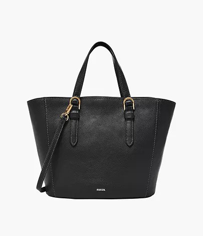 Cartera Fossil SHB3170001: bolso tote de cuero negro de grano grueso con asas al hombro y pespunte a contraste, vista de frente