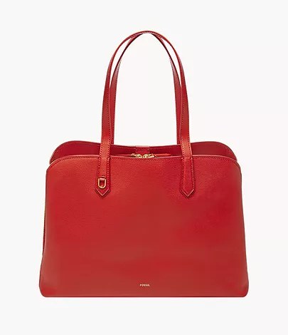 Cartera Fossil SHB3175611: bolso tote grande de cuero rojo con asas al hombro y cierre de cremallera, vista de frente