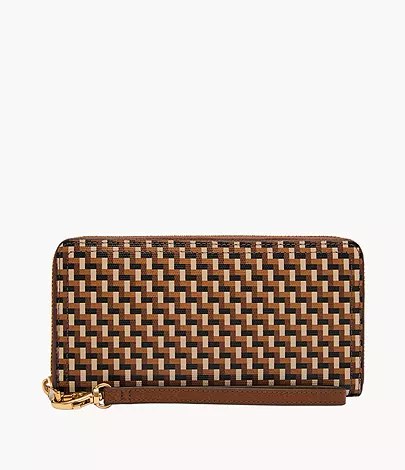 Monedero Fossil SL10058249: monedero largo de cuero trenzado en tonos marrón y beige, con cremallera perimetral y correa de mano, vista de frente