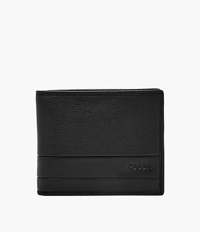 Billetera Fossil SML1392001: billetera plegable de cuero negro con doble franja horizontal en relieve, vista de frente