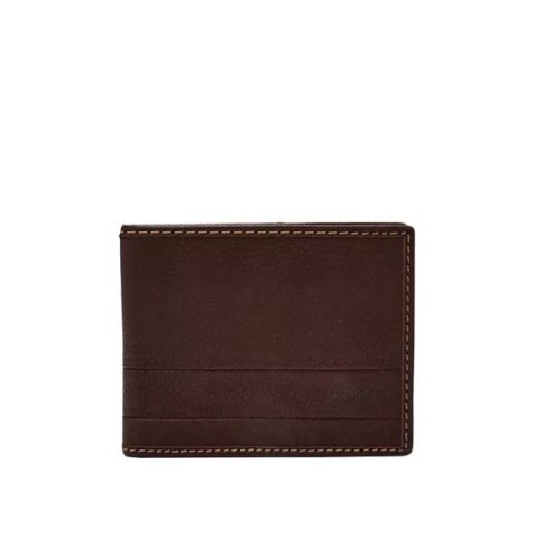 Billetera Fossil SML1392201: billetera plegable de cuero marrón con doble franja horizontal en relieve, vista de frente