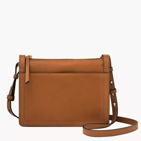 Cartera Fossil ZB1894216: bolso bandolera de cuero marrón con correa larga regulable y bolsillo exterior, vista de frente