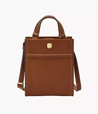 Cartera Fossil ZB1993200: bolso tote pequeño de cuero marrón con asas cortas, correa larga y pespunte a contraste, vista de frente