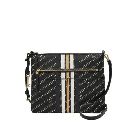 Cartera Fossil ZB7271104: bolso bandolera de cuero negro estampado con el logo Fossil y franjas blanca y dorada, vista de frente