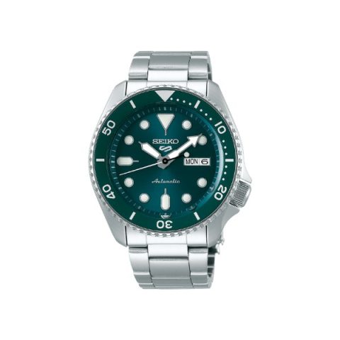 Reloj Seiko 5 Sports SRPD61K1 con esfera verde agua y bisel giratorio a juego, visto de frente