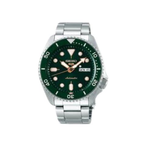 Reloj Seiko 5 Sports SRPD63K1 con esfera verde, bisel giratorio verde y agujas en oro rosado, visto de frente