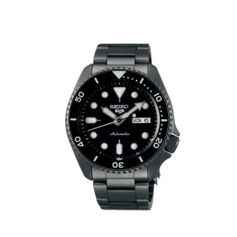 Reloj Seiko 5 Sports SRPD65K1 negro con caja, bisel, esfera y brazalete de acero negros, visto de frente